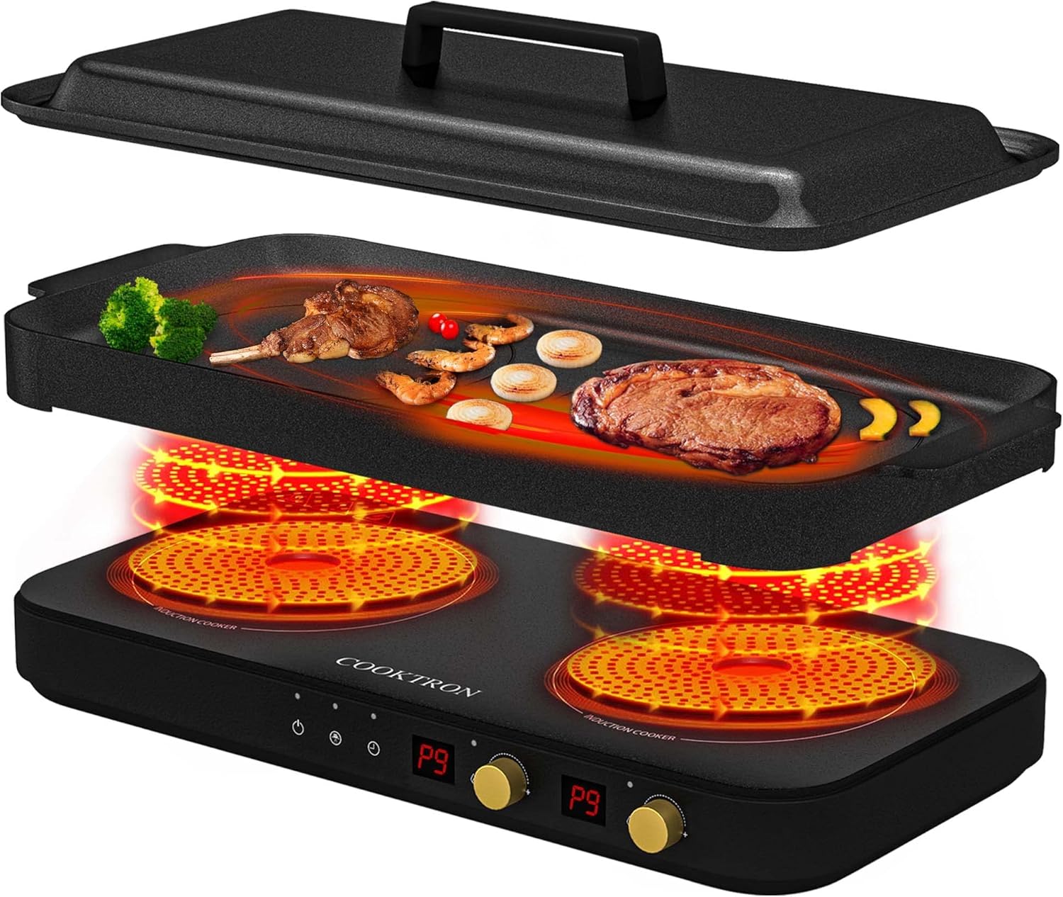 COOKTRON portable 2-burner induction cooktop with removable cast iron griddle pan