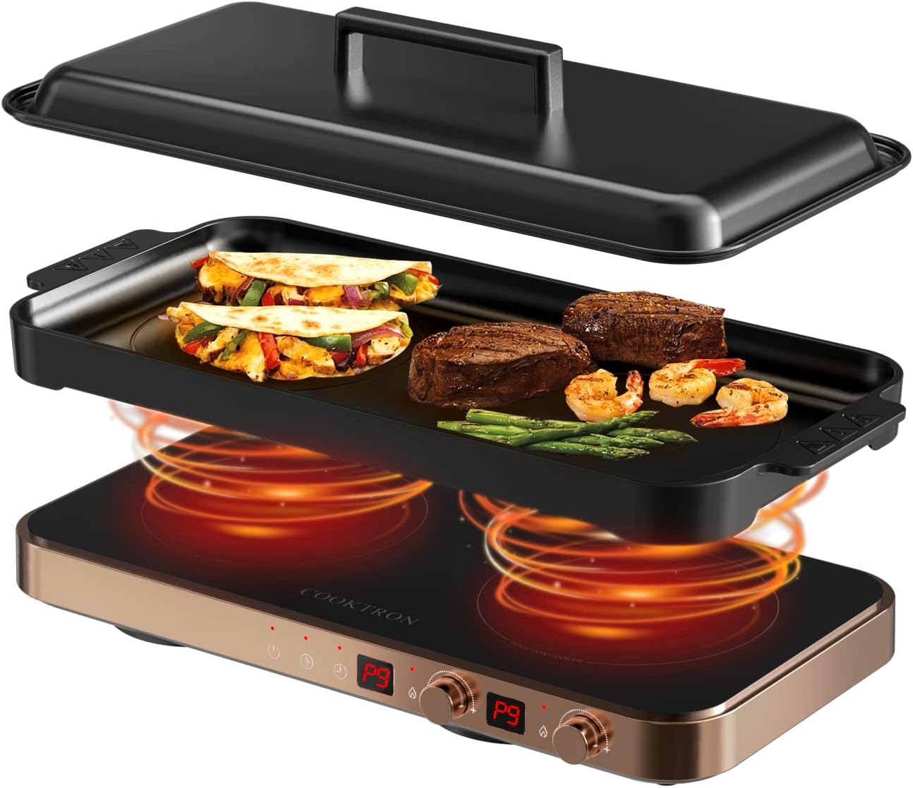COOKTRON rose gold 2-in-1 induction cooktop with smokeless cast iron griddle grill